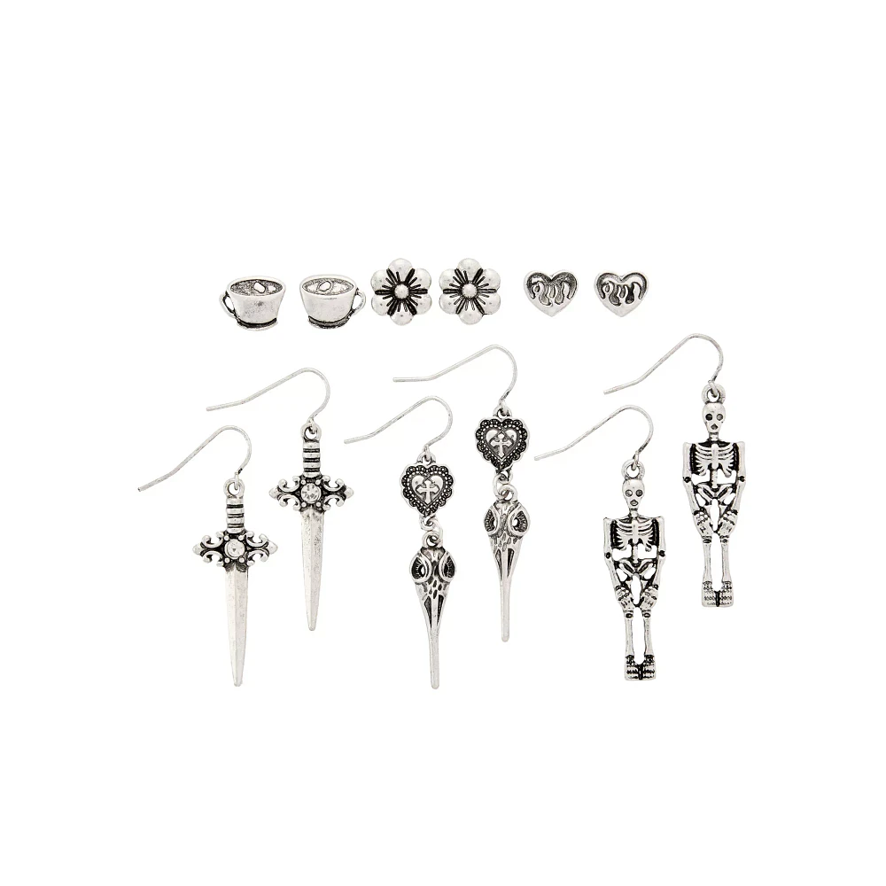 Multi-Pack Flower, Coffee, and Skeleton Stud and Dangle Earrings - 6 Pair