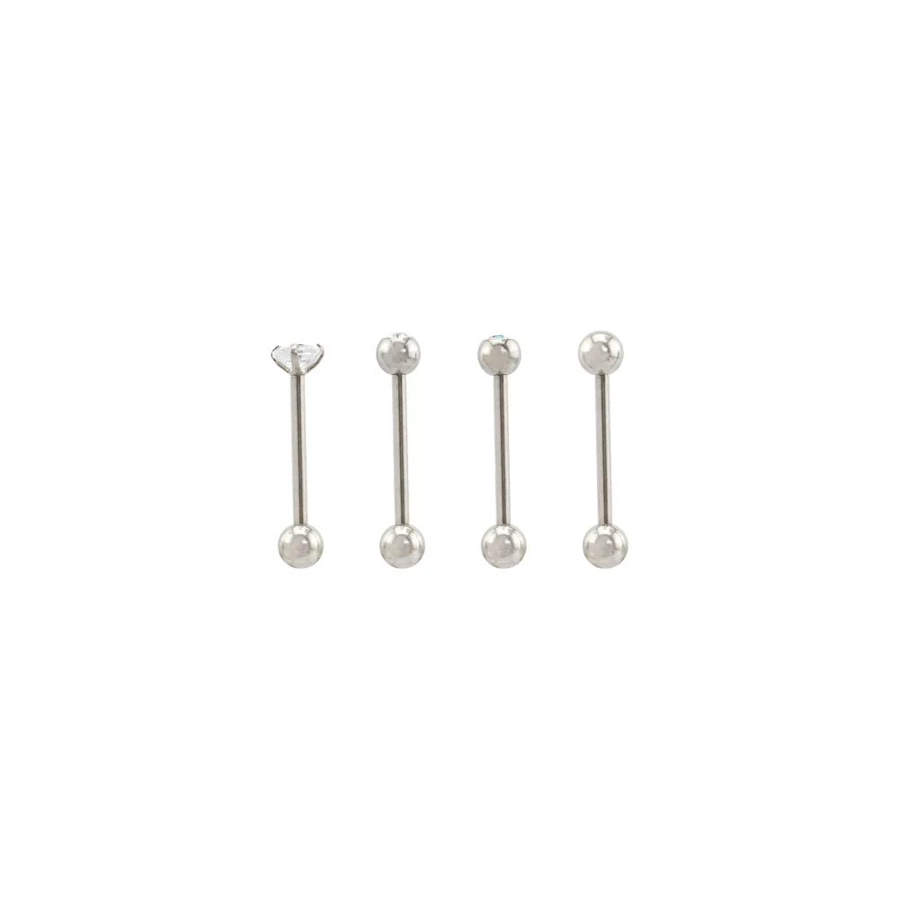 Multi-Pack CZ Silvertone Bezel and Prong Barbells 4 Pack - 14 Gauge