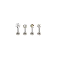 Multi-Pack CZ Silvertone Bezel and Prong Barbells 4 Pack - 14 Gauge