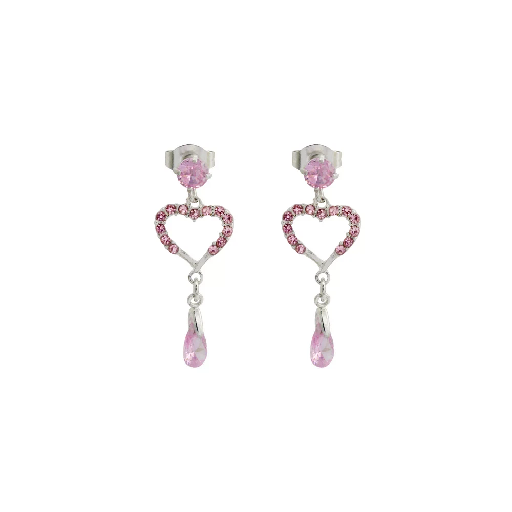 Silvertone and Pink CZ Heart Dangle Stud Earrings
