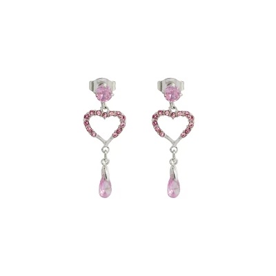 Silvertone and Pink CZ Heart Dangle Stud Earrings