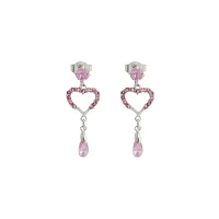 Silvertone and Pink CZ Heart Dangle Stud Earrings