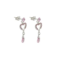 Silvertone and Pink CZ Heart Dangle Stud Earrings