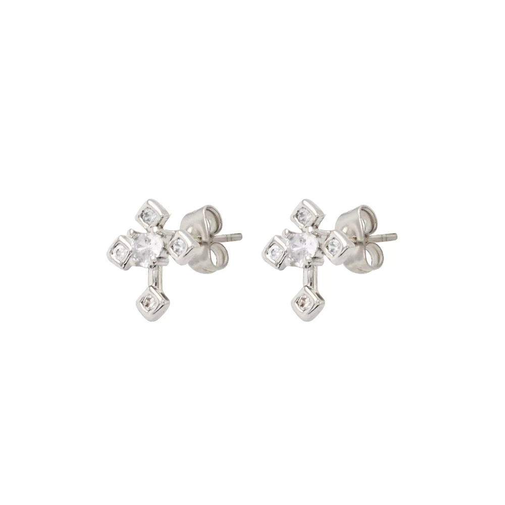 CZ Silvertone Cross Stud Earrings