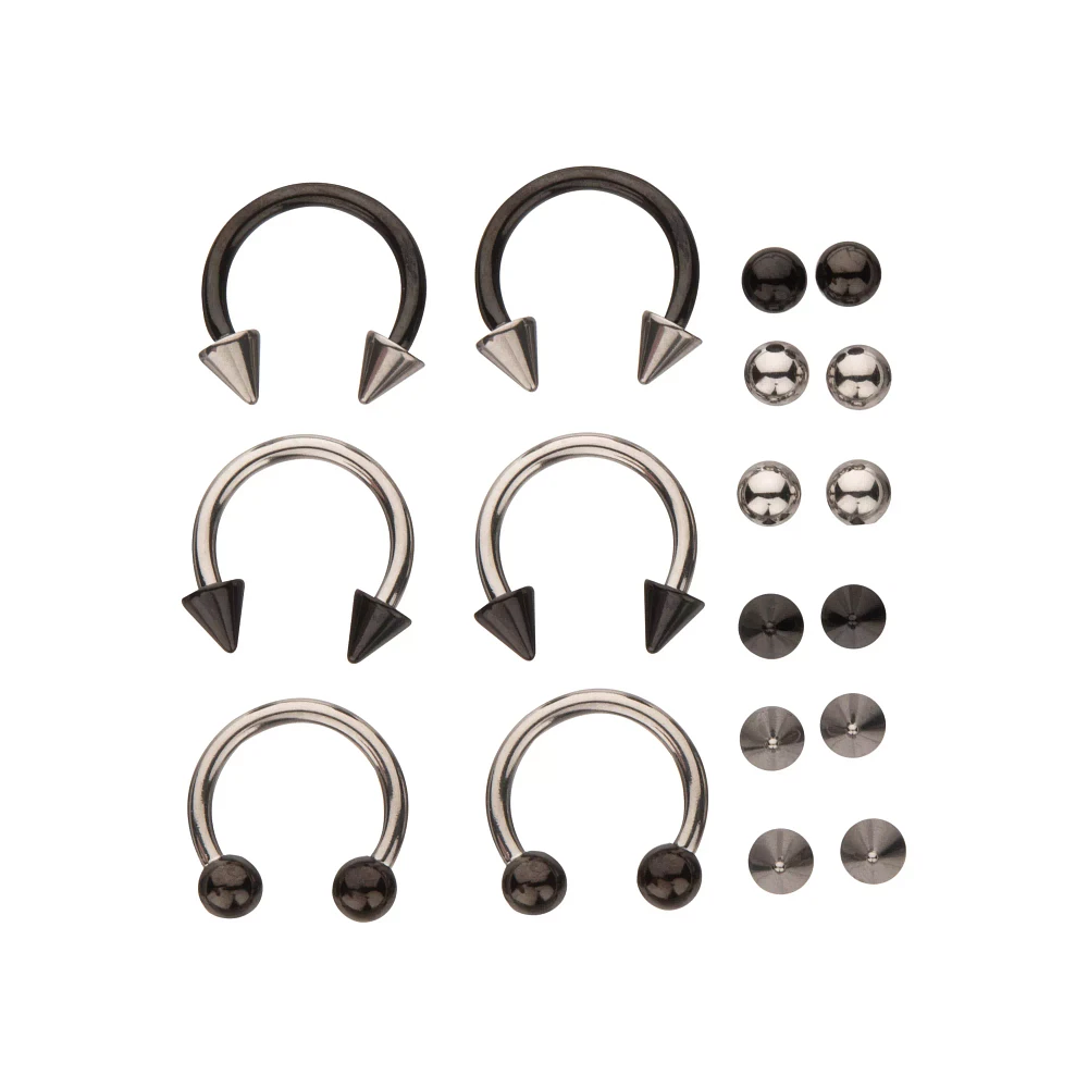 Multi-Pack Silver and Black Horseshoe Rings 6 Pack - 14 Gauge
