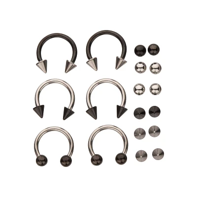 Multi-Pack Silver and Black Horseshoe Rings 6 Pack - 14 Gauge