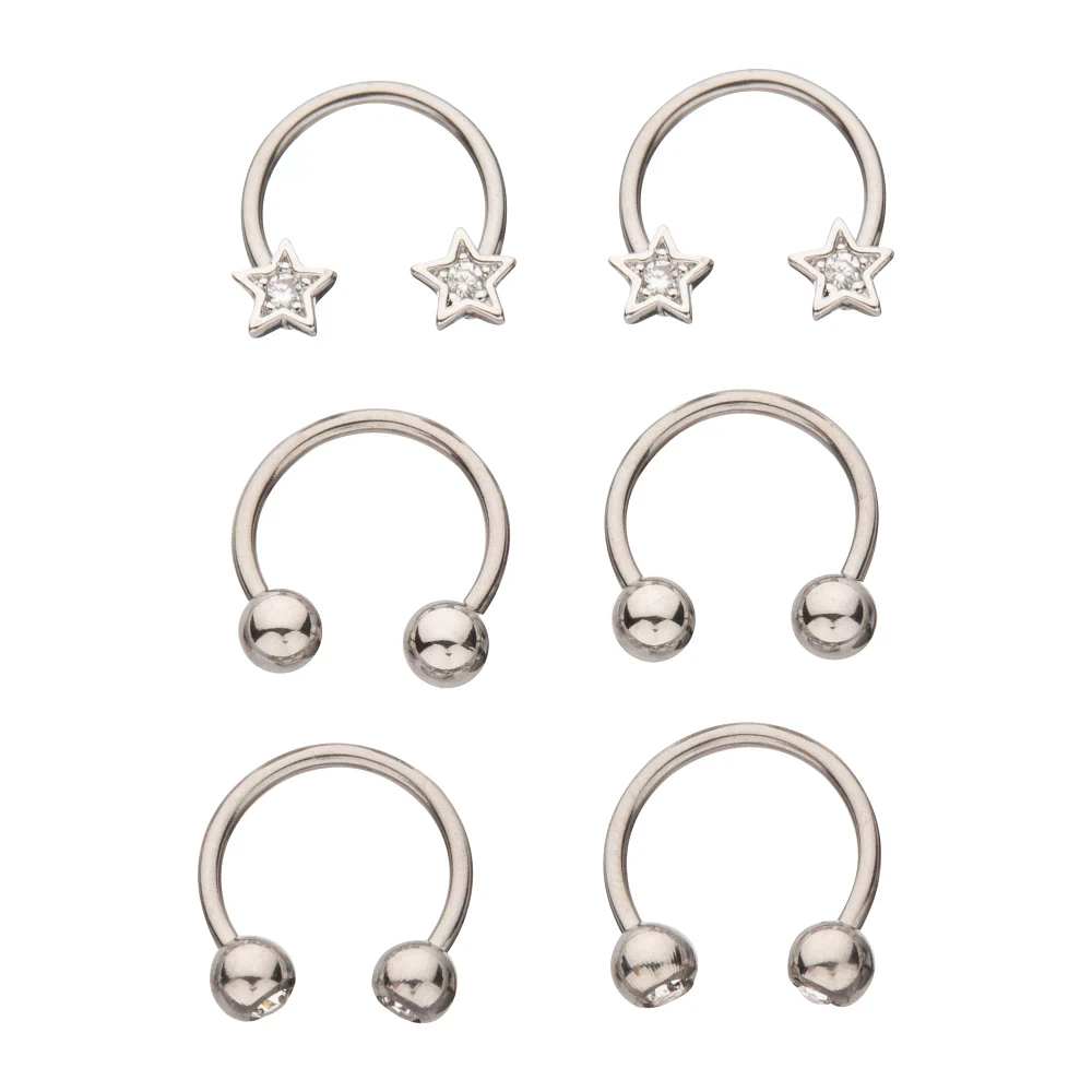 Multi-Pack CZ Star Silvertone Horseshoe Rings 6 Pack - 16 Gauge