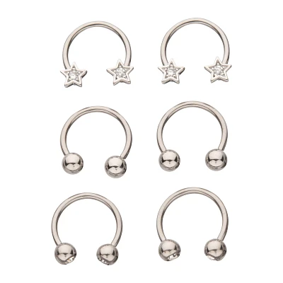 Multi-Pack CZ Star Silvertone Horseshoe Rings 6 Pack - 16 Gauge