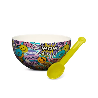 Smiley Face Comic Print Ramen Bowl with Spoon