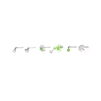 Multi-Pack CZ Heart and Weed Leaf L-Bend Nose Pins 6 Pack - 20 Gauge