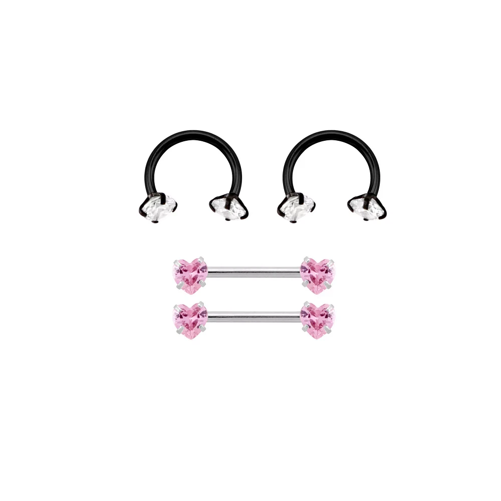 Multi-Pack Black and Pink Heart Horseshoe Rings and Nipple Barbells 2 Pair - 14 Gauge