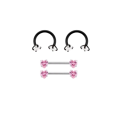 Multi-Pack Black and Pink Heart Horseshoe Rings and Nipple Barbells 2 Pair - 14 Gauge