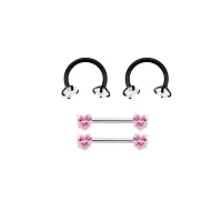 Multi-Pack Black and Pink Heart Horseshoe Rings and Nipple Barbells 2 Pair - 14 Gauge