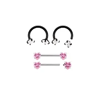 Multi-Pack Black and Pink Heart Horseshoe Rings and Nipple Barbells 2 Pair - 14 Gauge