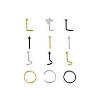 Multi-Pack CZ Cross Goldtone and Black Nose Rings 12 Pack - 20 Gauge