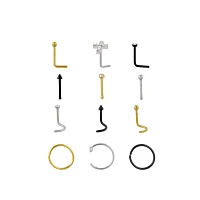 Multi-Pack CZ Cross Goldtone and Black Nose Rings 12 Pack - 20 Gauge