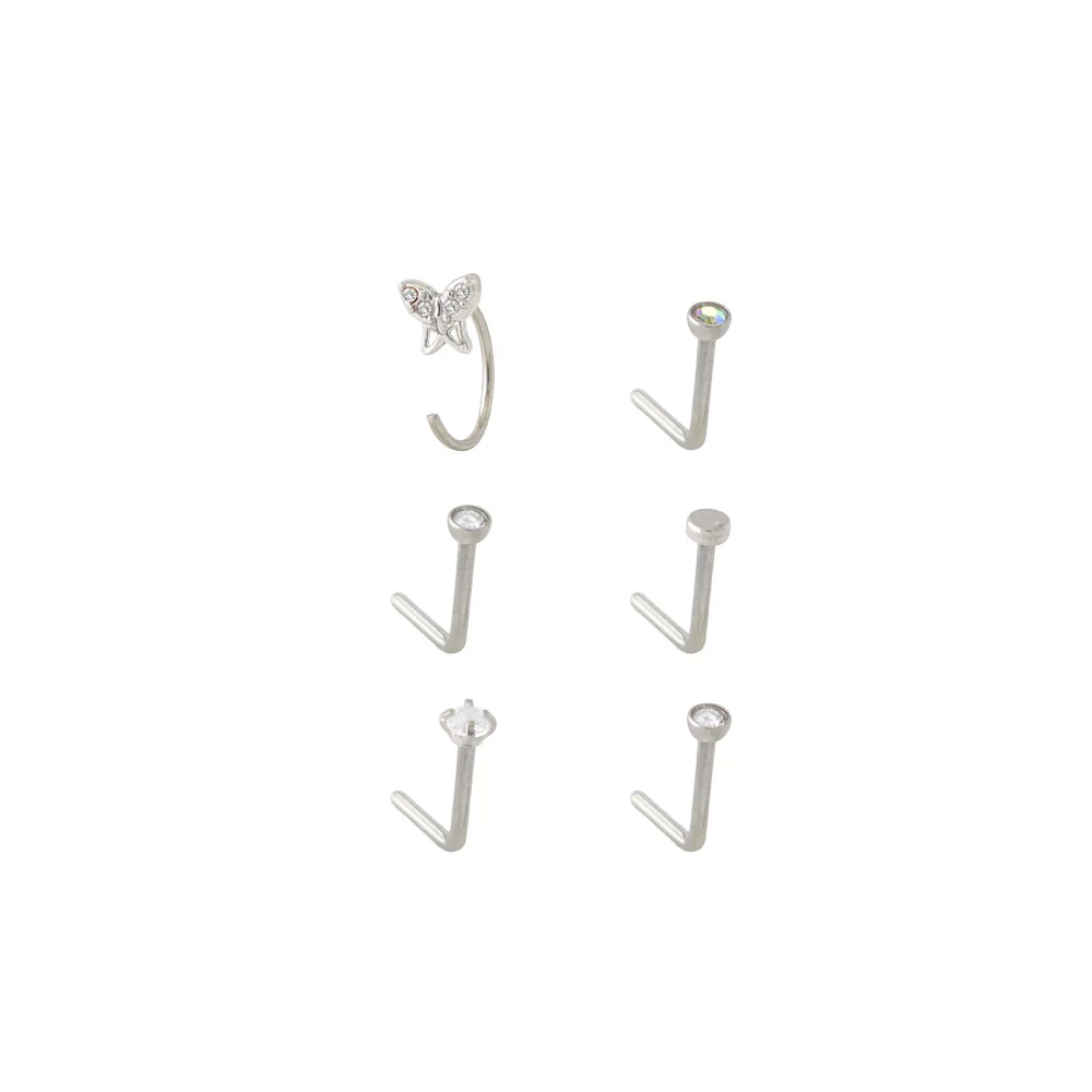 Multi-Pack CZ Butterfly Half Hoop and L-Bend Nose Rings 6 Pack - 20 Gauge