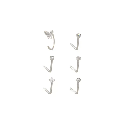 Multi-Pack CZ Butterfly Half Hoop and L-Bend Nose Rings 6 Pack - 20 Gauge