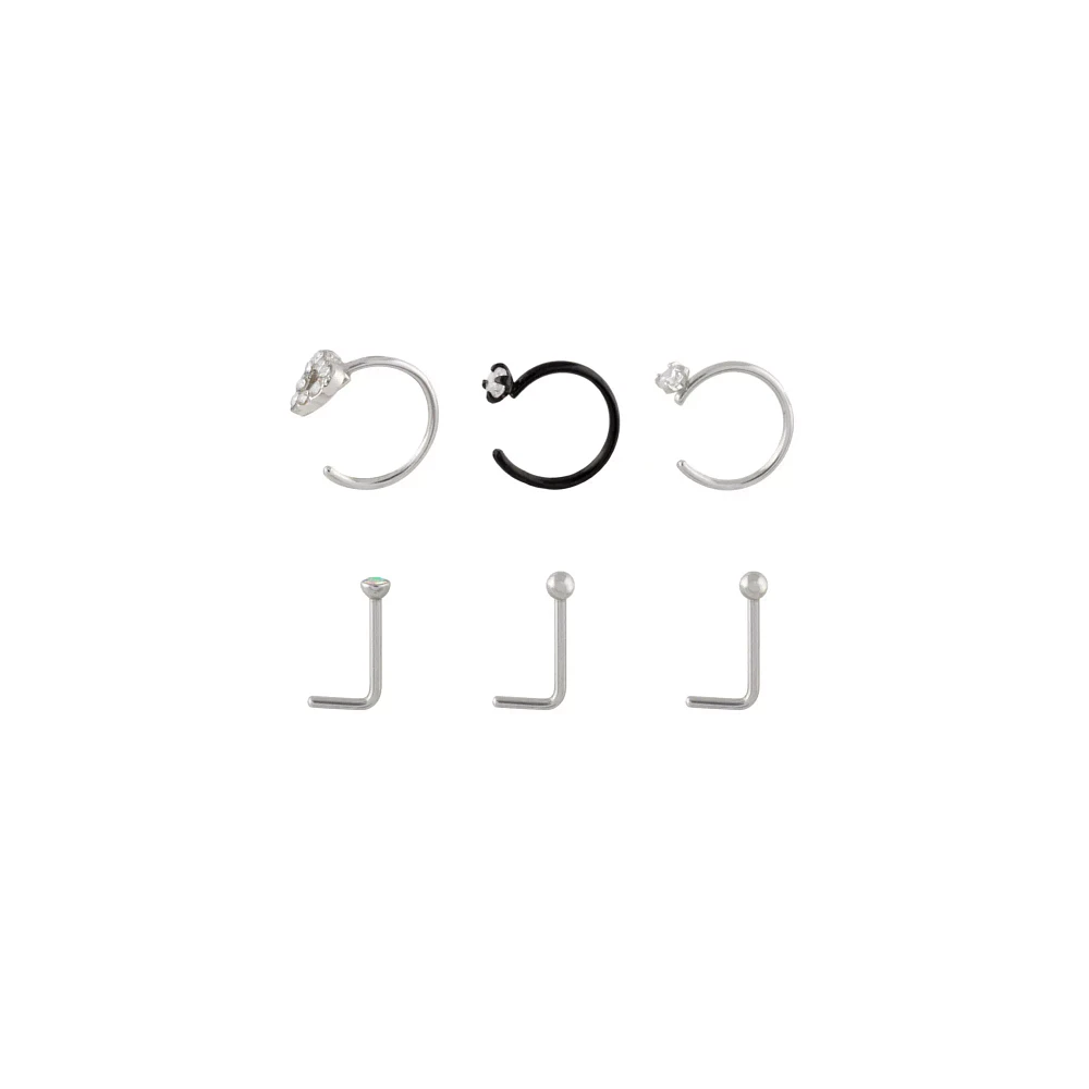 Multi-Pack CZ Crystal Heart Hoop and L-Bend Nose Rings 6 Pack - 20 Gauge