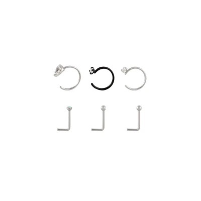 Multi-Pack CZ Crystal Heart Hoop and L-Bend Nose Rings 6 Pack - 20 Gauge