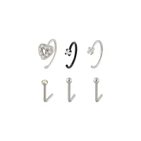 Multi-Pack CZ Crystal Heart Hoop and L-Bend Nose Rings 6 Pack - 20 Gauge