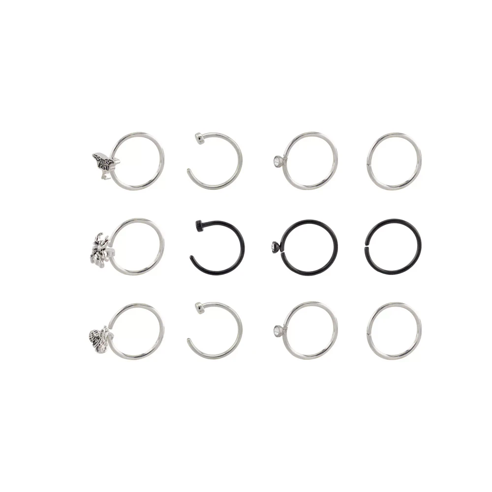 Multi-Pack CZ Moth and Spider Half Hoop Rings 12 Pack - 20 Gauge