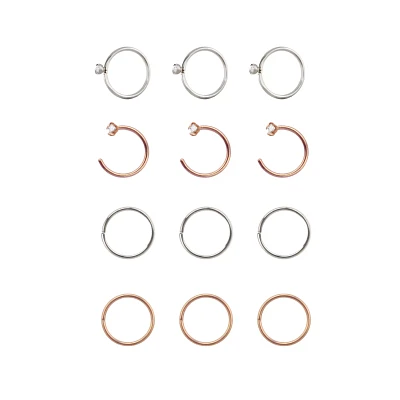 Multi-Pack CZ Rose Goldtone Silvertone and Goldtone Hoop and Half Hoop Nose Rings 12 Pack - 20 Gauge