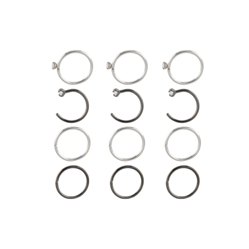 Multi-Pack CZ Silvertone and Hoop and Half Hoop Nose Rings 12 Pack