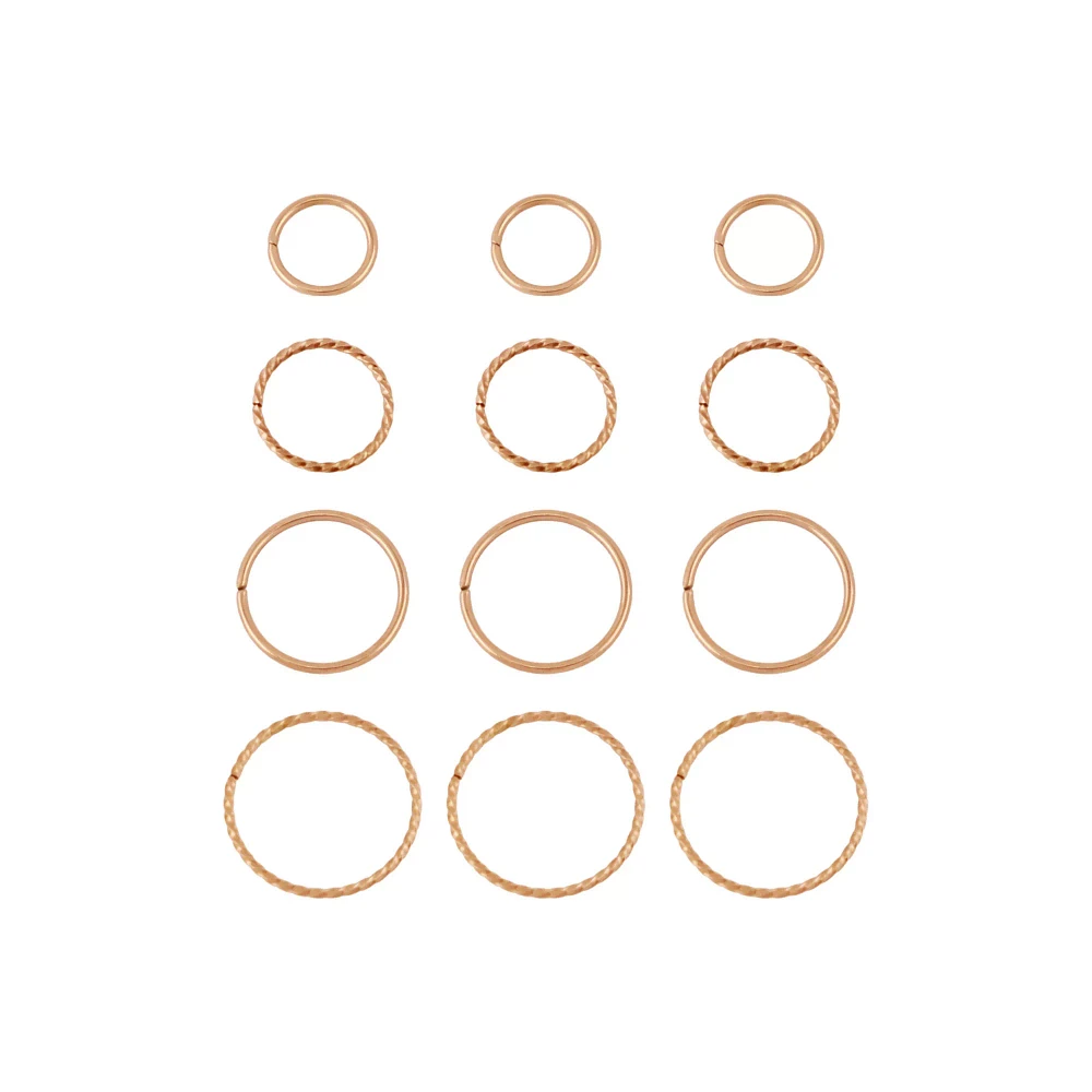 Multi-Pack Rose Goldtone Twisted Nose Hoops 12 Pack - 20 Gauge
