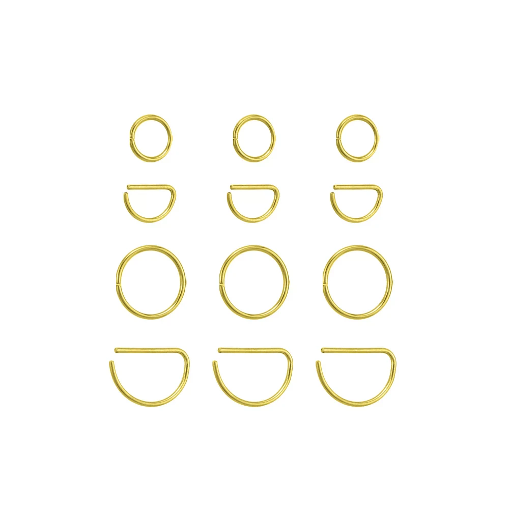 Multi-Pack Goldtone Multi-Size Hoop and Half Hoop Nose Rings 12 Pack - 20 Gauge