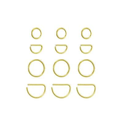 Multi-Pack Goldtone Multi-Size Hoop and Half Hoop Nose Rings 12 Pack - 20 Gauge