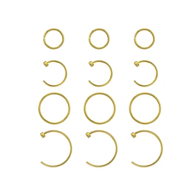 Multi-Pack Goldtone Hoop and Half Hoop Nose Rings 12 Pack - 20 Gauge