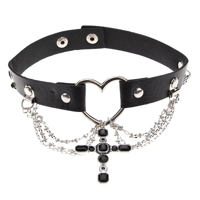 Black Heart Draped Cross Choker Necklace