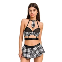 Gray Plaid School Girl Bra Top Mini Skirt and G-String Panties Set