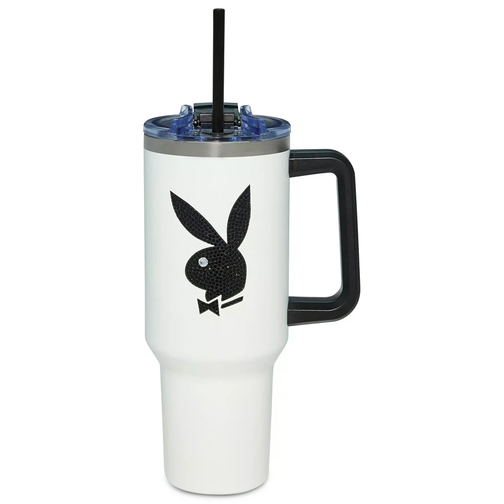 Playboy Black Rhinestone Bunny Travel Tumbler with Straw - 40 oz.