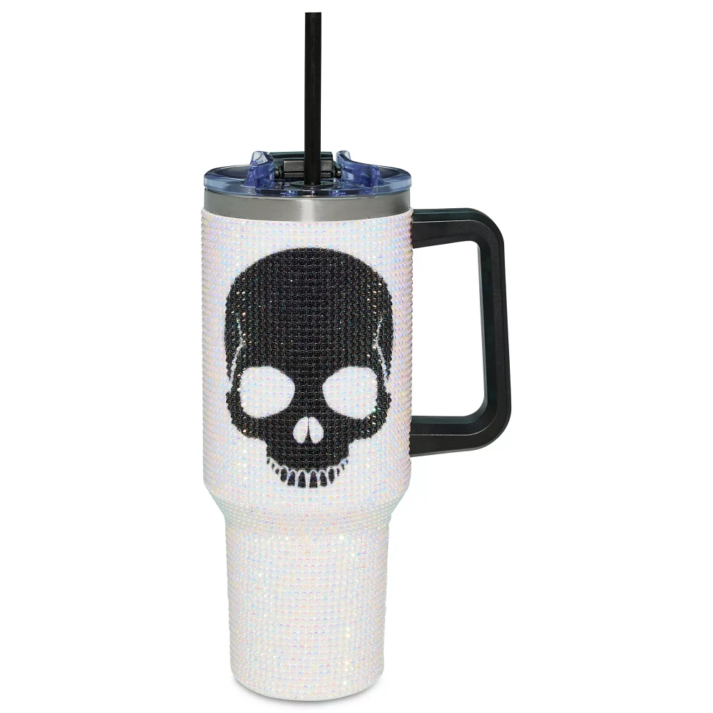 White and Black Rhinestone Skull Travel Tumbler with Straw - 40 oz.