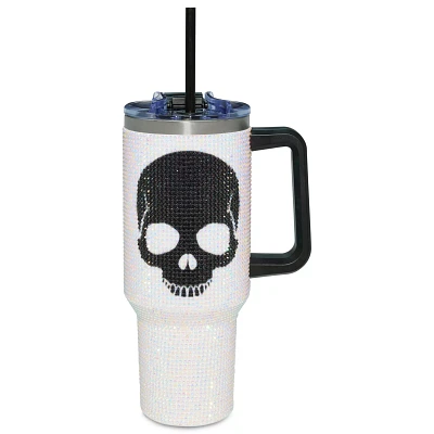 White and Black Rhinestone Skull Travel Tumbler with Straw - 40 oz.