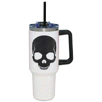White and Black Rhinestone Skull Travel Tumbler with Straw - 40 oz.