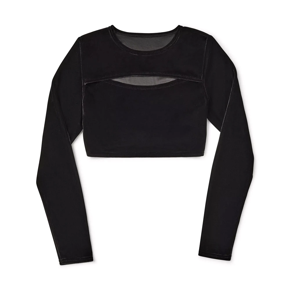Long Sleeve Black Velvet Cutout Crop Top