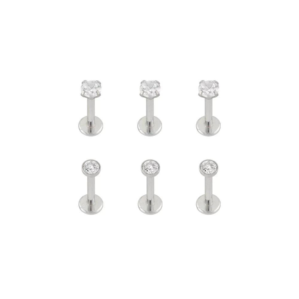 Multi-Pack CZ Silvertone Prong and Bezel Set Labret Lip Rings 6 Pack - 16 Gauge