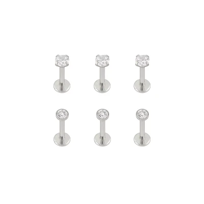 Multi-Pack CZ Silvertone Prong and Bezel Set Labret Lip Rings 6 Pack - 16 Gauge