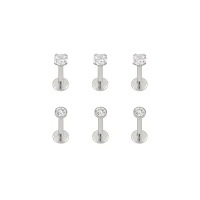 Multi-Pack CZ Silvertone Prong and Bezel Set Labret Lip Rings 6 Pack - 16 Gauge