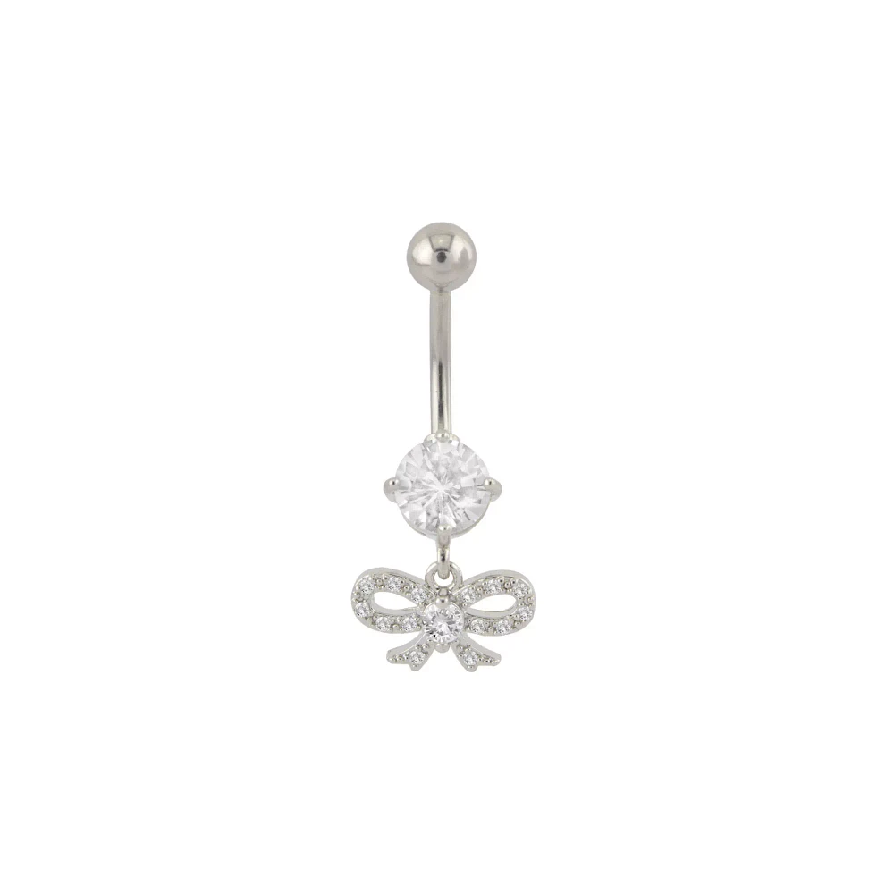 CZ Prong Bow Silvertone Dangle Belly Ring - 14 Gauge