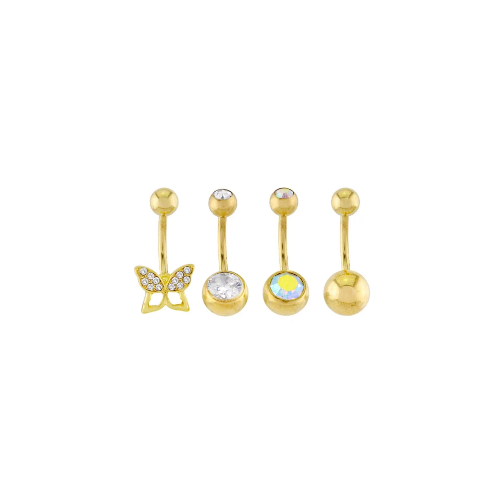 Multi-Pack CZ Butterfly Goldtone Titanium Belly Rings 4 Pack - 14 Gauge