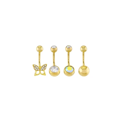 Multi-Pack CZ Butterfly Goldtone Titanium Belly Rings 4 Pack - 14 Gauge