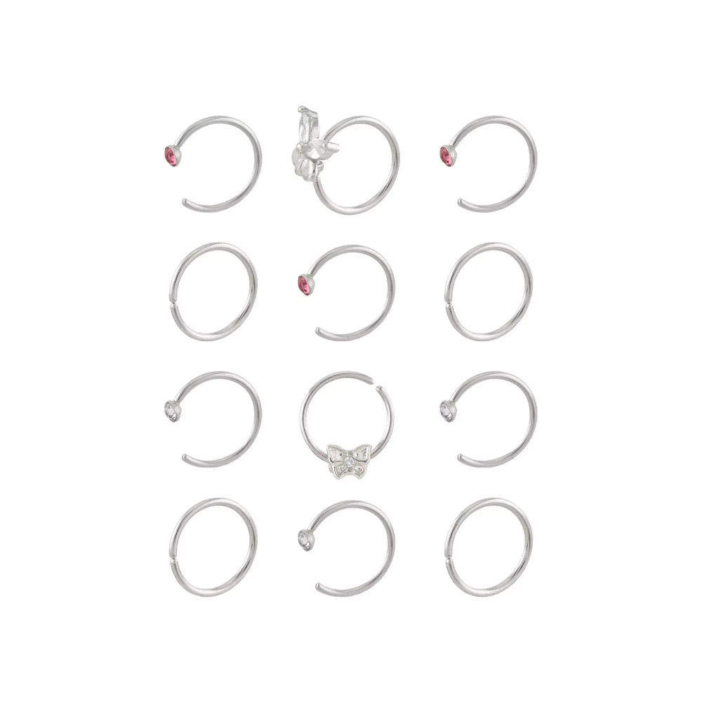 Multi-Pack CZ Titanium Pink Butterfly Nose Hoop Rings 12 Pack - 20 Gauge