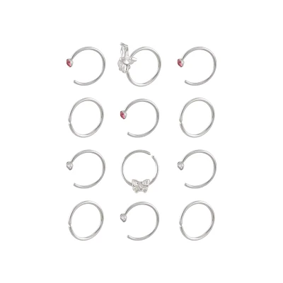 Multi-Pack CZ Titanium Pink Butterfly Nose Hoop Rings 12 Pack - 20 Gauge