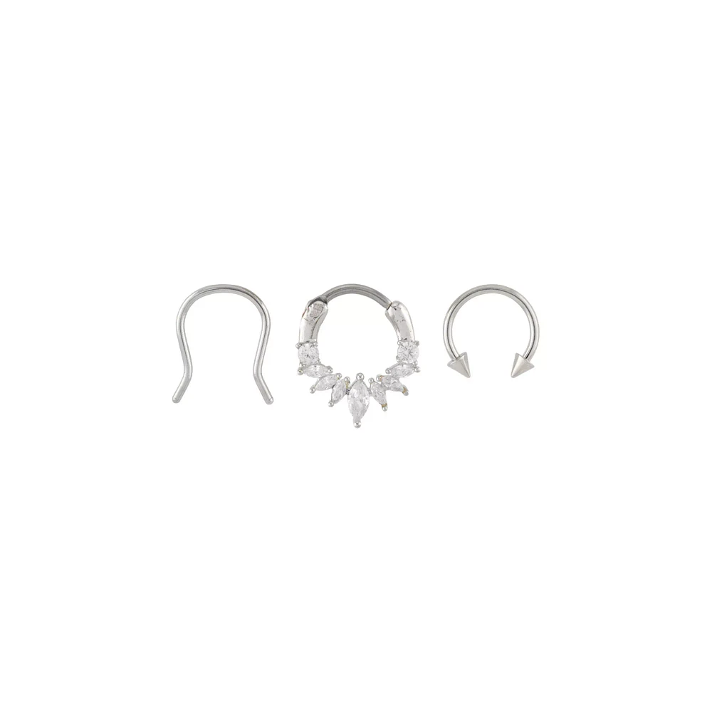 Multi-Pack CZ Titanium Clicker Septum Ring and Retainer and Spiked Horseshoe Ring 3 Pack - 16 Gauge
