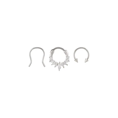 Multi-Pack CZ Titanium Clicker Septum Ring and Retainer and Spiked Horseshoe Ring 3 Pack - 16 Gauge