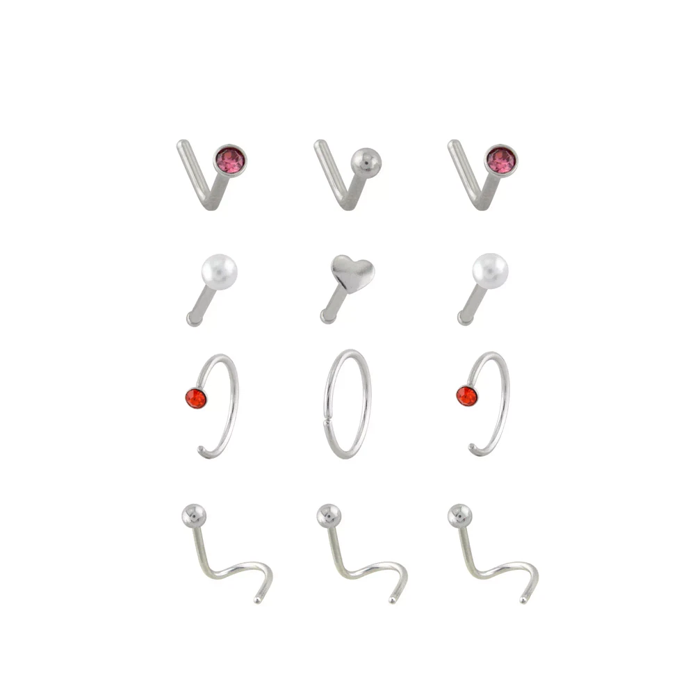Multi-Pack CZ Red Heart Nose Pins L-Bend Hoop and Half Hoop and Screw Nose Rings 12 Pack - 20 Gauge